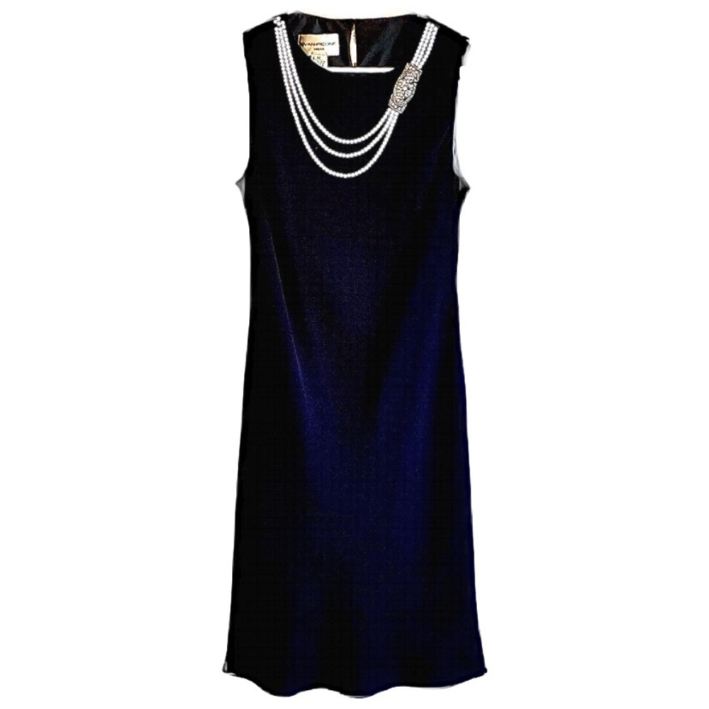 Dress ~ Evan-Picone ~ Vtg.  Black  Sleeveless  Attached Pearl Strands w/ Brooch - Picture 7 of 7